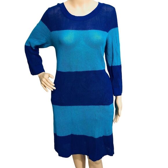 Tommy Bahama 3/4 Sleeve Knit Cover Up Scoop Neck Striped Blue Teal Dress Sz M - Picture 1 of 9